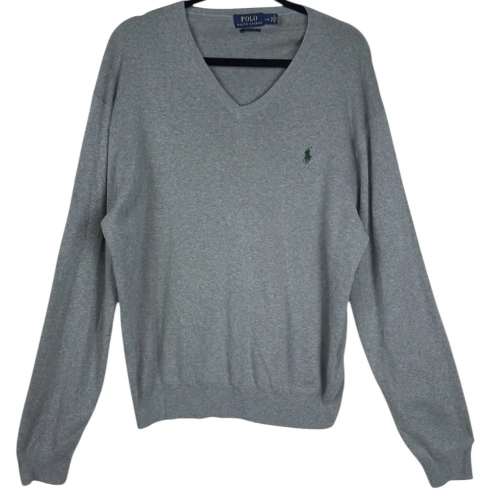 Polo Ralph Lauren Pima Cotton V Neck Grey Sweater Green Pony Men Size L